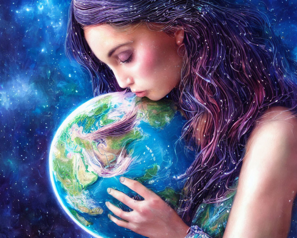 Portrait of Woman Embracing Glowing Earth in Cosmic Scene