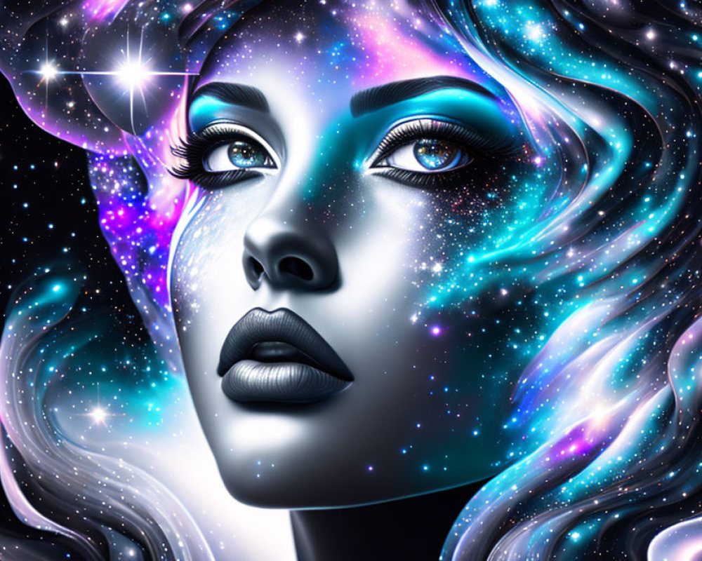 Cosmic-themed portrait of a woman with galaxies and stars in her hair and skin