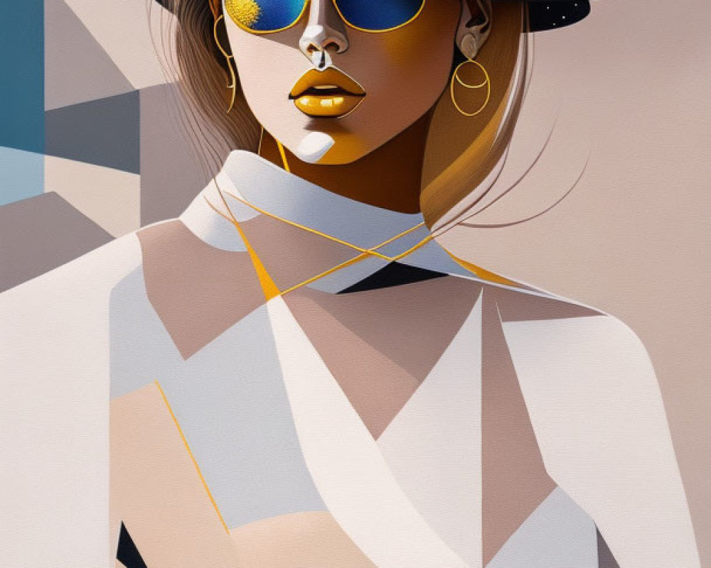 Fashionable woman in wide-brimmed hat and sunglasses with geometric outfit on abstract background