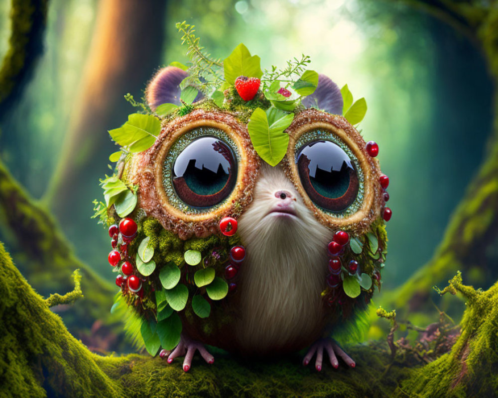 Whimsical creature with large eyes and forest-inspired decorations