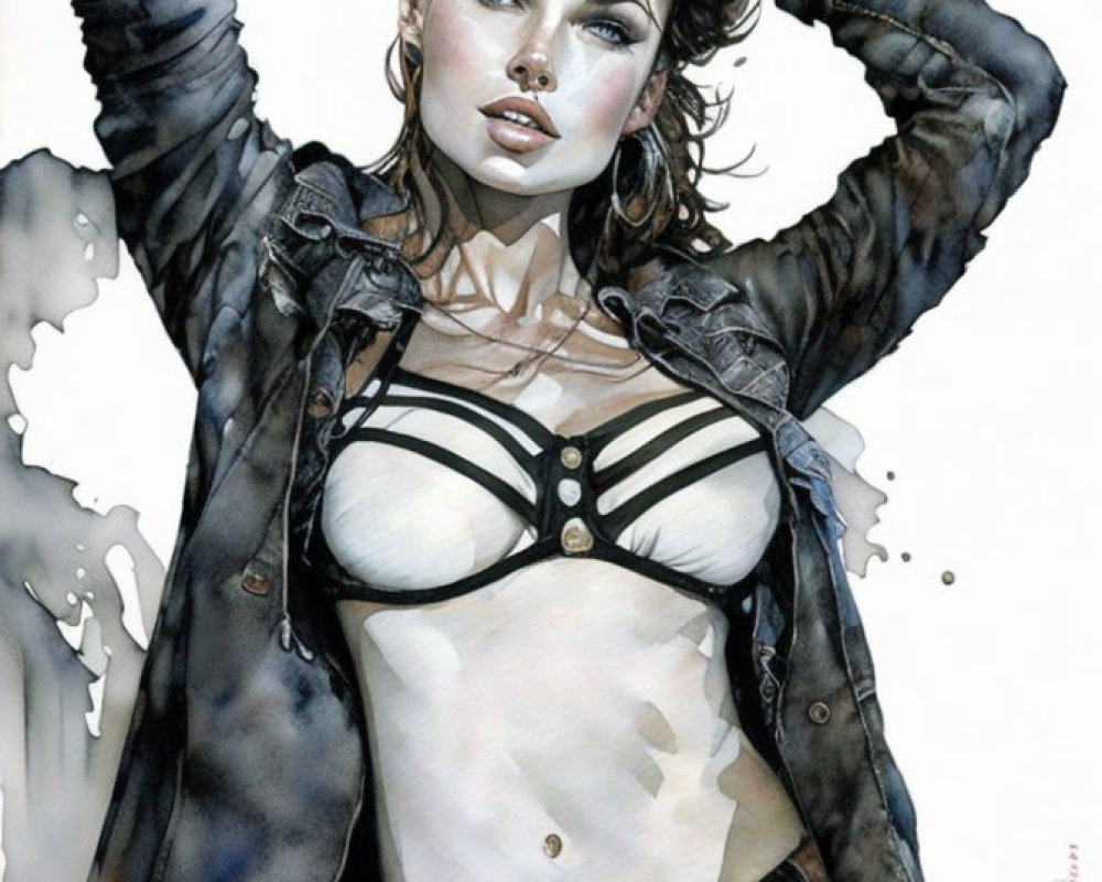 Seductive woman in black bra and leather jacket illustration
