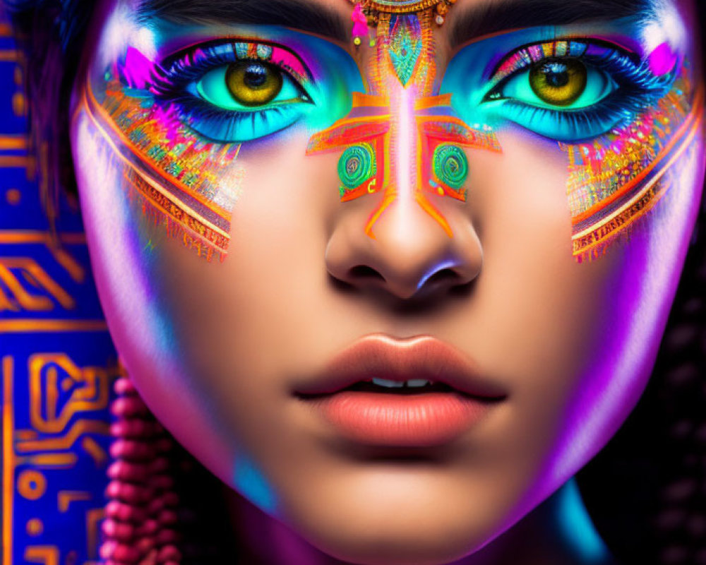 Colorful portrait with intricate face paint and geometric patterns.