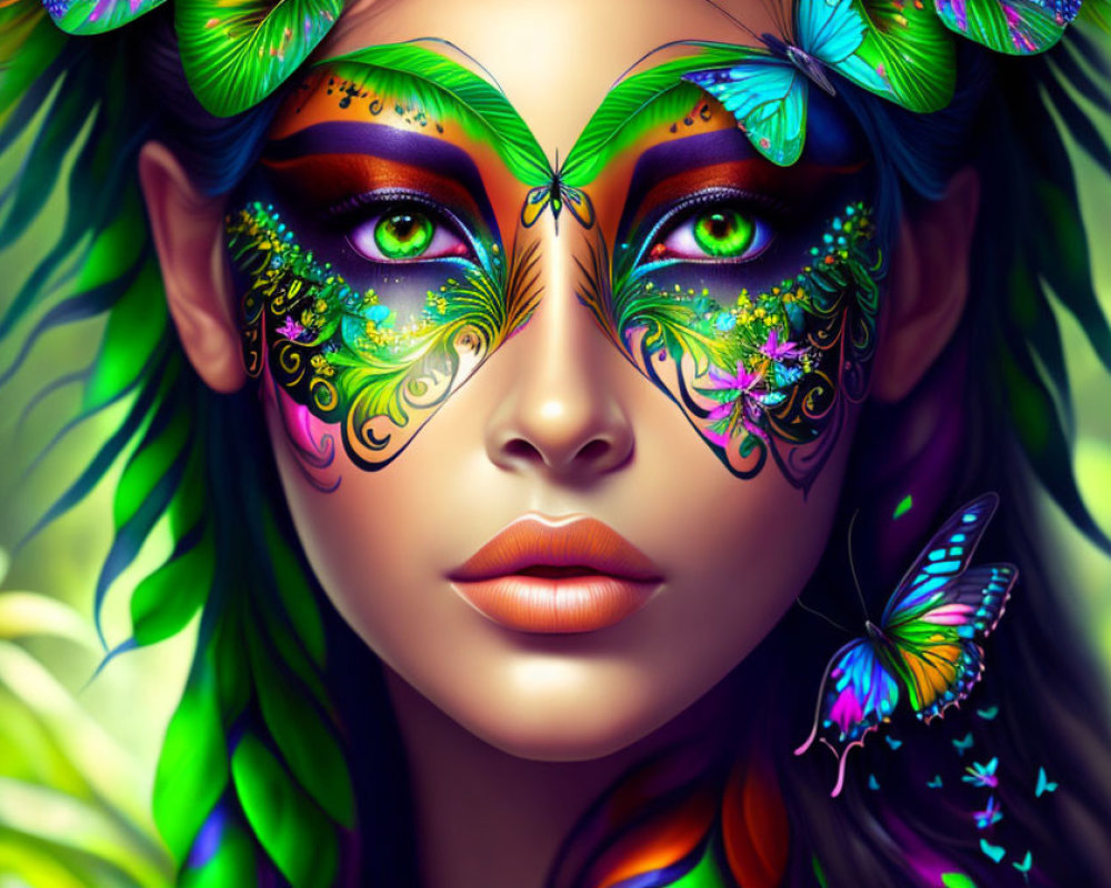 Fantasy-themed artwork of woman with butterfly makeup and decorations