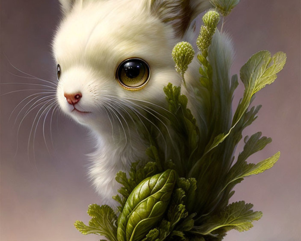 Whimsical creature with white kitten head, leafy wings, and plant-like body on brown background