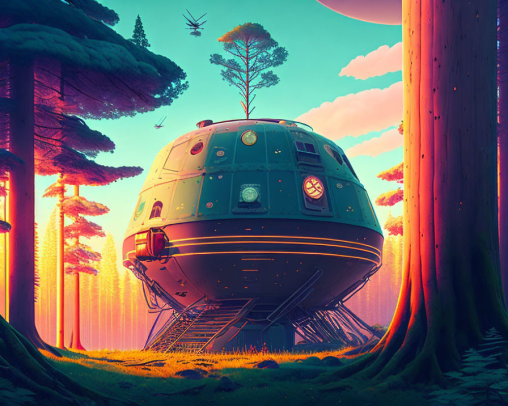 Futuristic spherical spacecraft in vibrant forest clearing at sunset