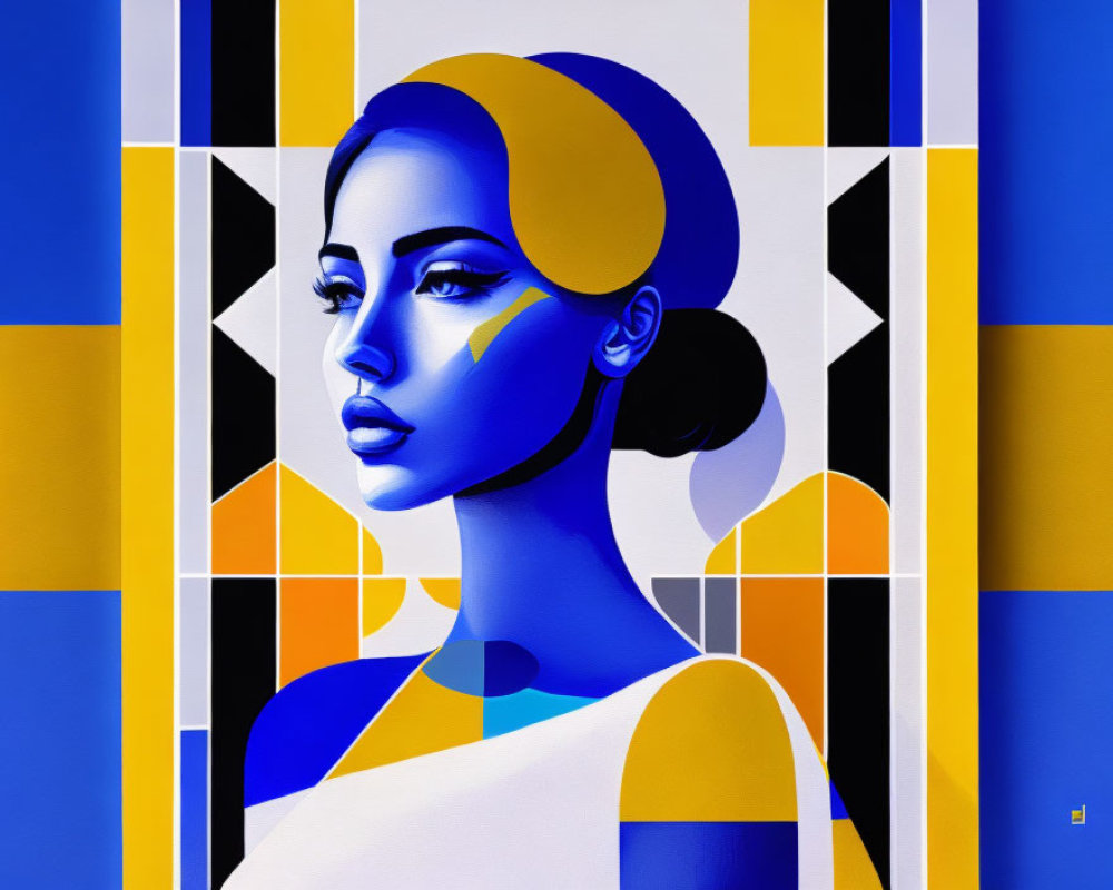 Stylized digital artwork of woman with blue skin on geometric background