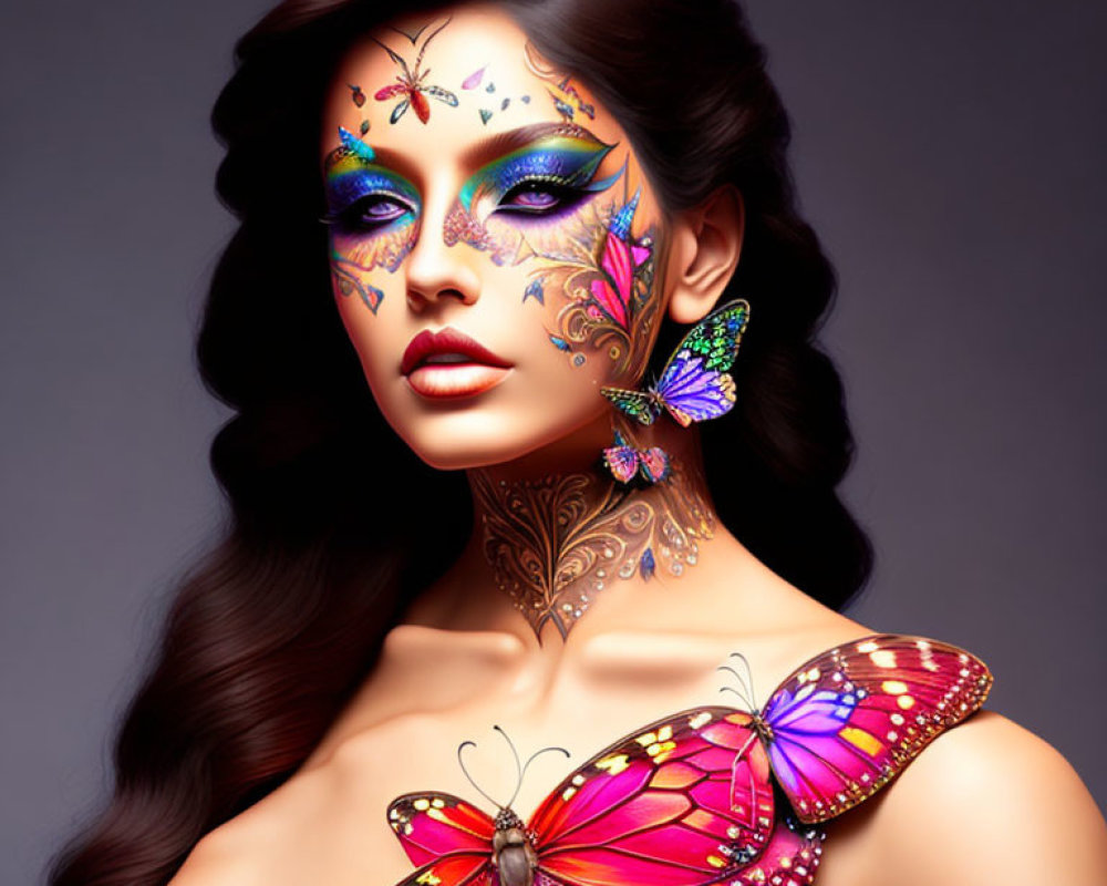 Woman with butterfly makeup and real butterflies on shoulder on purple backdrop