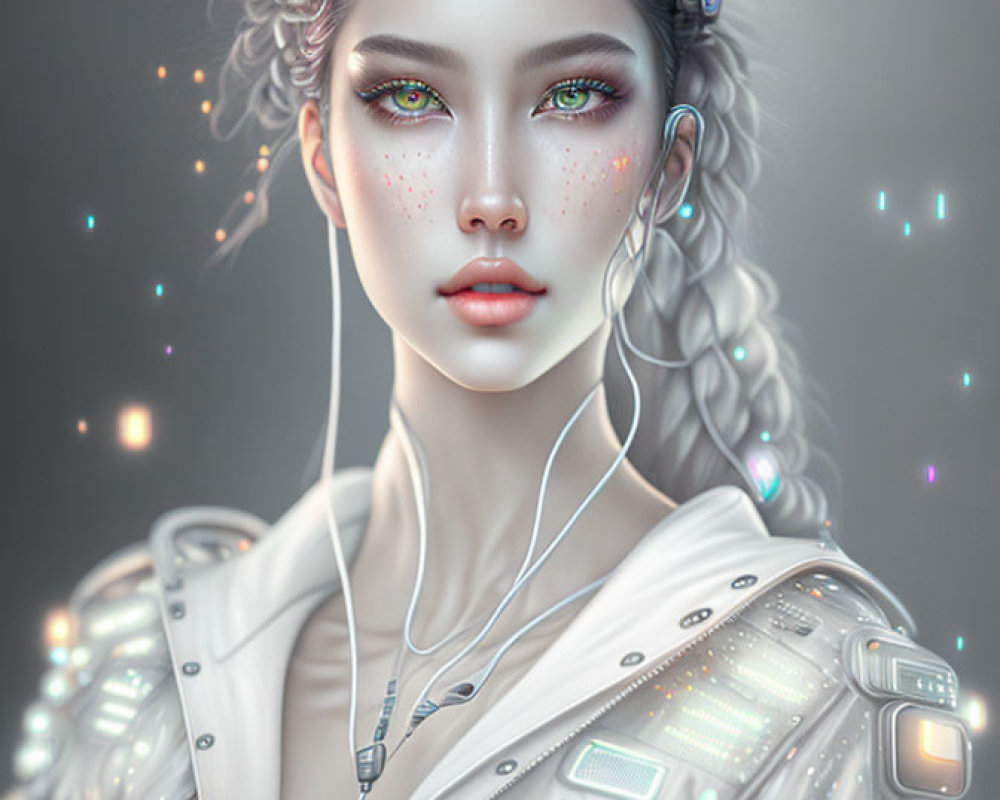 Futuristic woman with cybernetic enhancements and neon lights