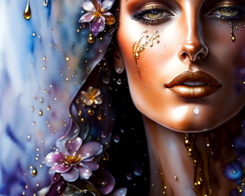 Woman with Golden Tears and Purple Flowers in Celestial Setting