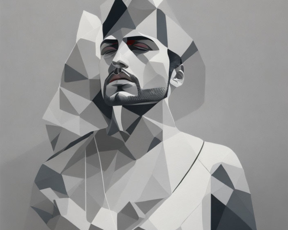 Geometric digital portrait of a man with angular shapes on grey background