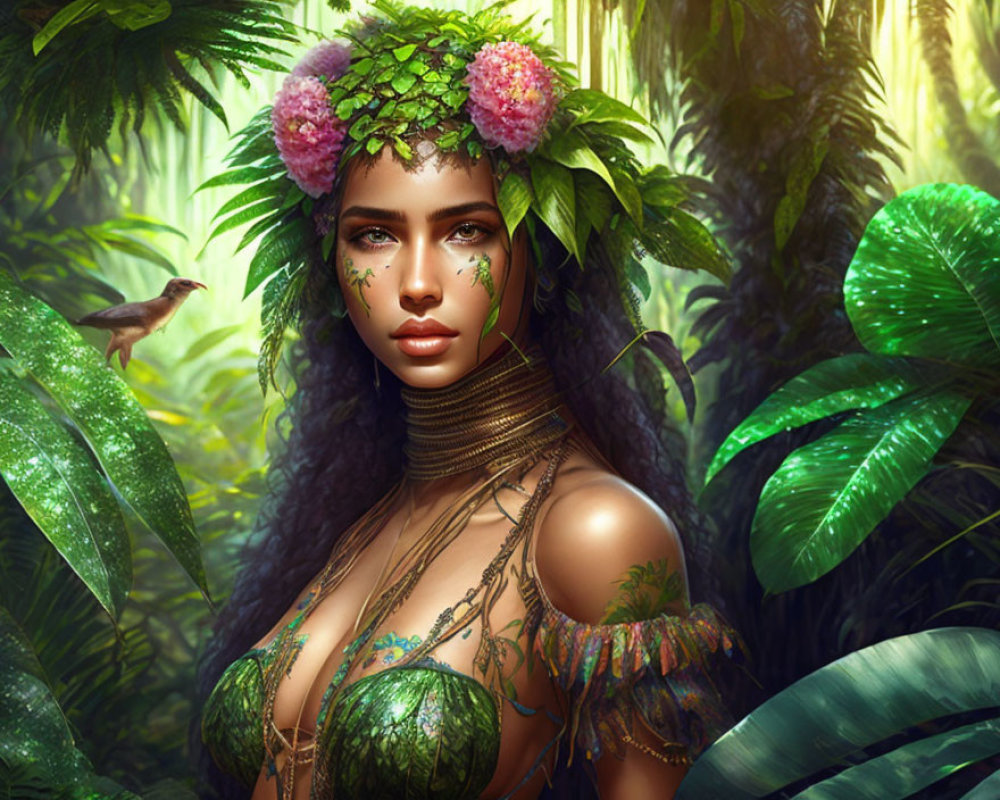 Digital artwork featuring woman with floral headdress in lush jungle setting