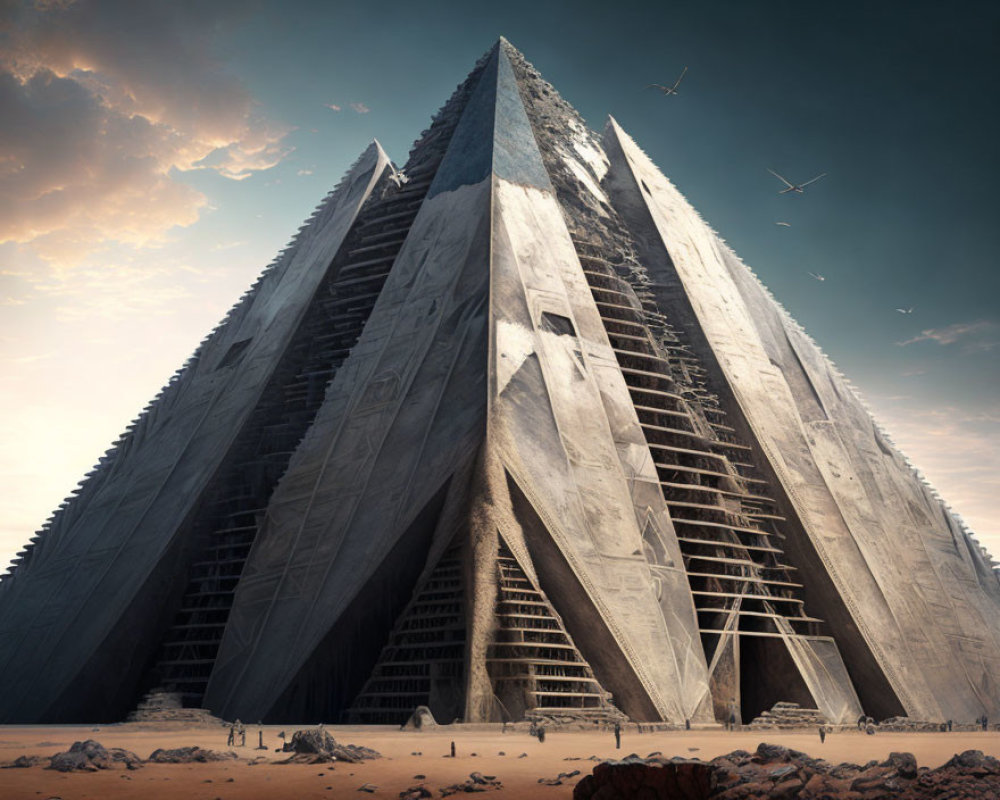 Pyramid-like Structure in Desert with People and Birds.
