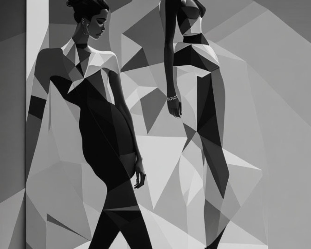 Monochromatic female figures with geometric designs in high-fashion poses