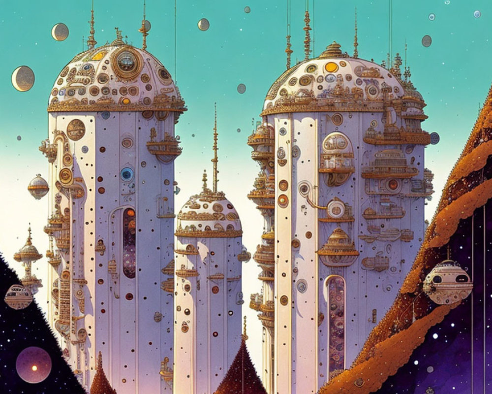 Intricate floating towers under starry sky