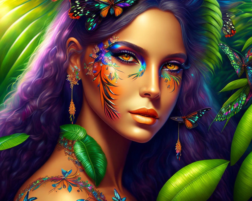Colorful Butterfly Makeup and Earrings on Woman Portrait with Purple Hair