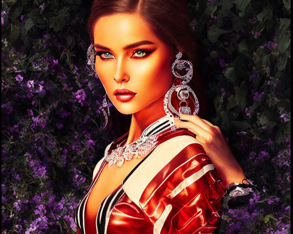 Woman with Blue Eyes in Red Satin Jacket and Earrings Against Purple Flower Background