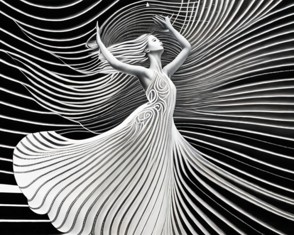 Monochrome art: stylized woman with flowing hair and dress in abstract wave patterns