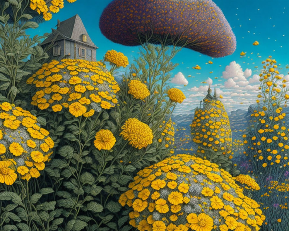 Surreal landscape with oversized yellow flowers, small house, leafy hill, mushroom-shaped tree,