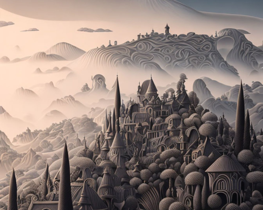Fantastical landscape with castle, mushroom-like shapes, and moonlit sky