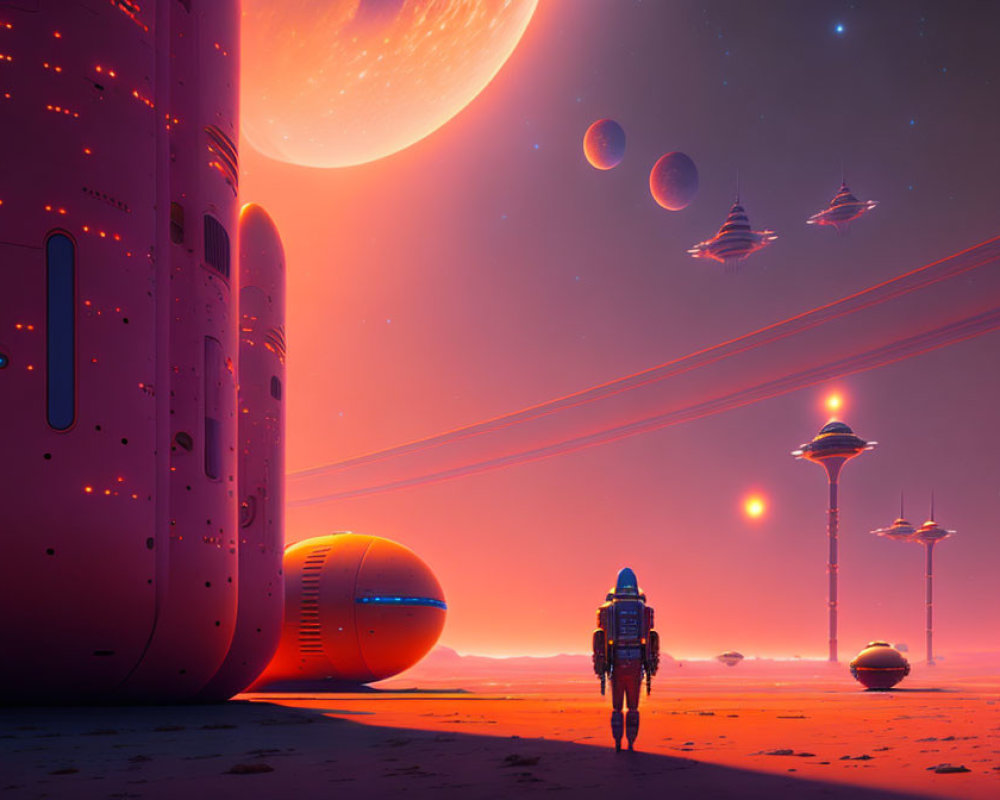 Astronaut exploring alien planet with multiple moons and UFOs