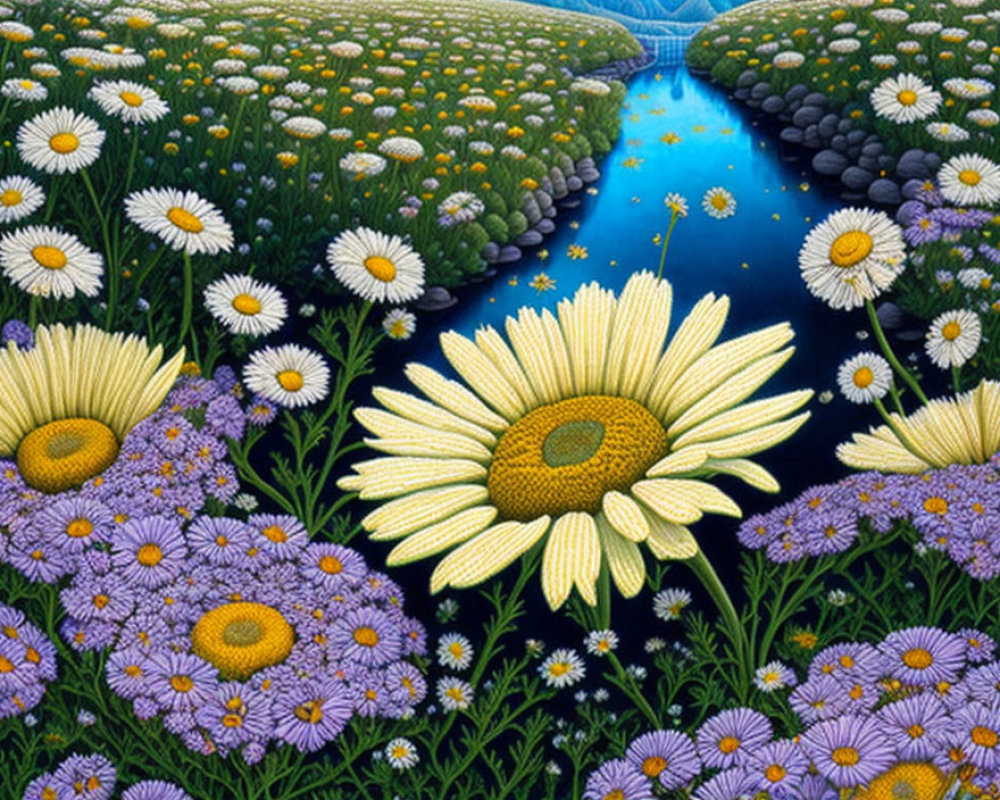 Colorful whimsical garden with oversized daisies and purple flowers by a serene blue stream