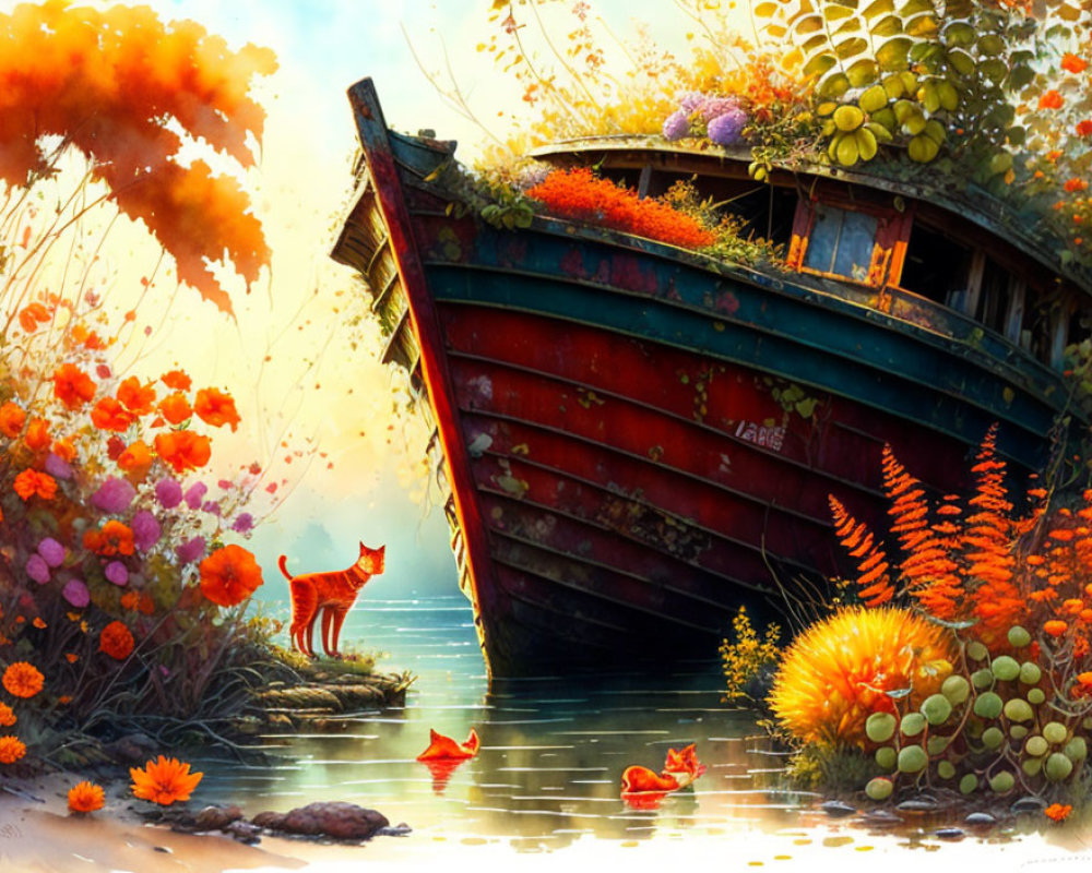 Colorful Cat by Water with Dilapidated Boat and Autumn Leaves