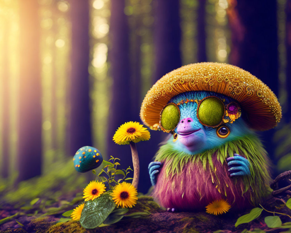 Fantasy creature with oversized glasses in sunlit forest