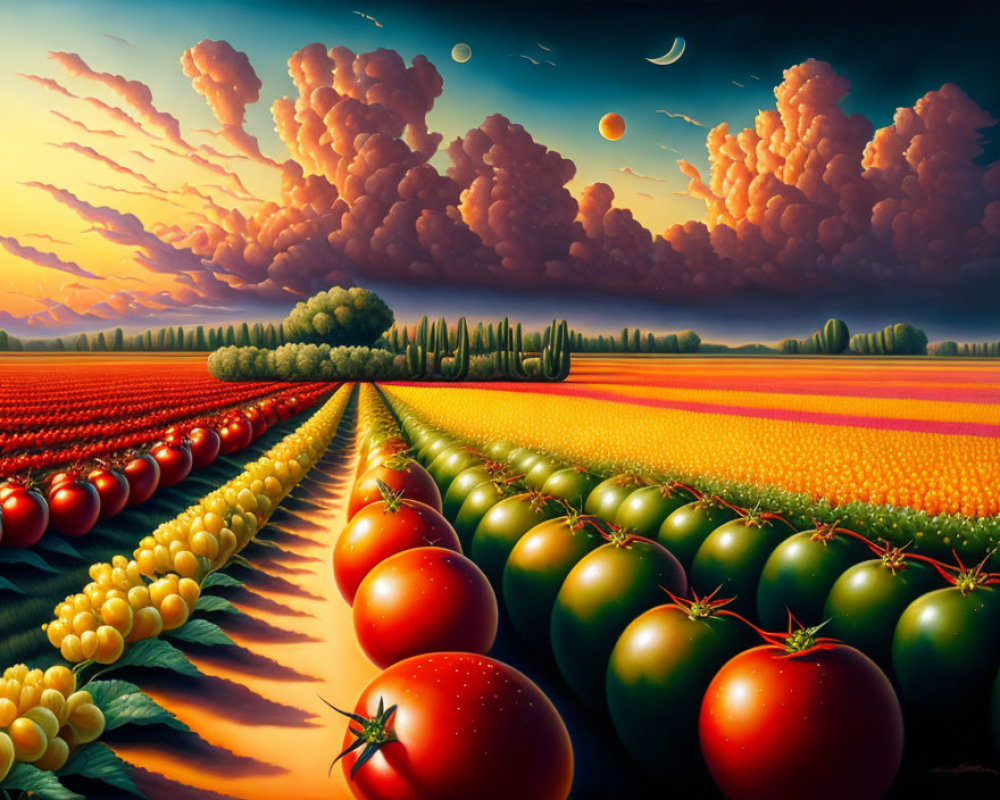 Vibrant surreal landscape with oversized tomatoes, colorful crops, and celestial elements