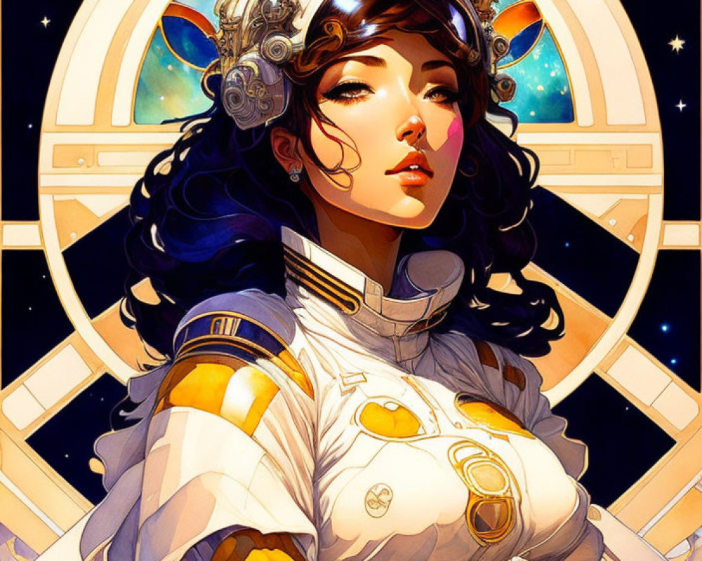 Futuristic female astronaut in advanced space suit against cosmic backdrop