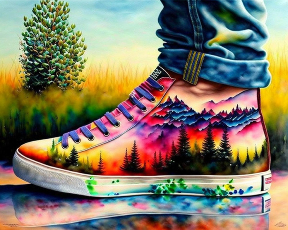 Colorful High-Top Sneaker Blended into Mountain Landscape