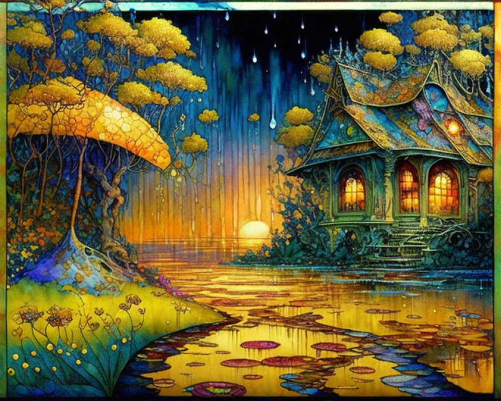Whimsical painting of cozy cottage by pond and golden tree