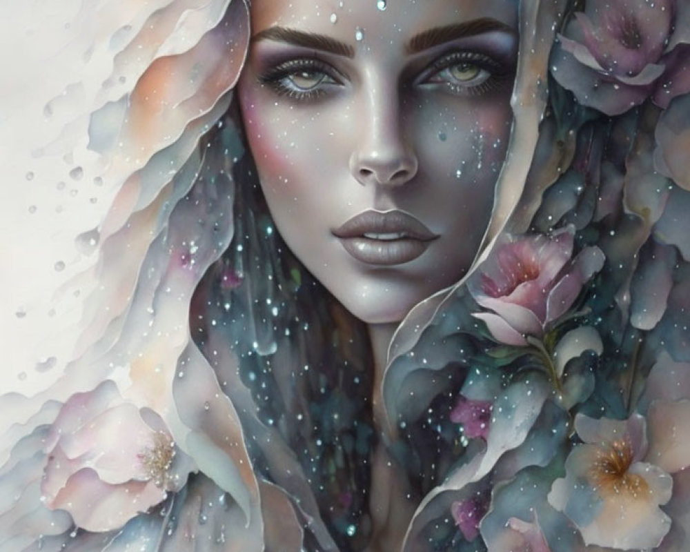 Surreal portrait of woman with flowers and water droplets
