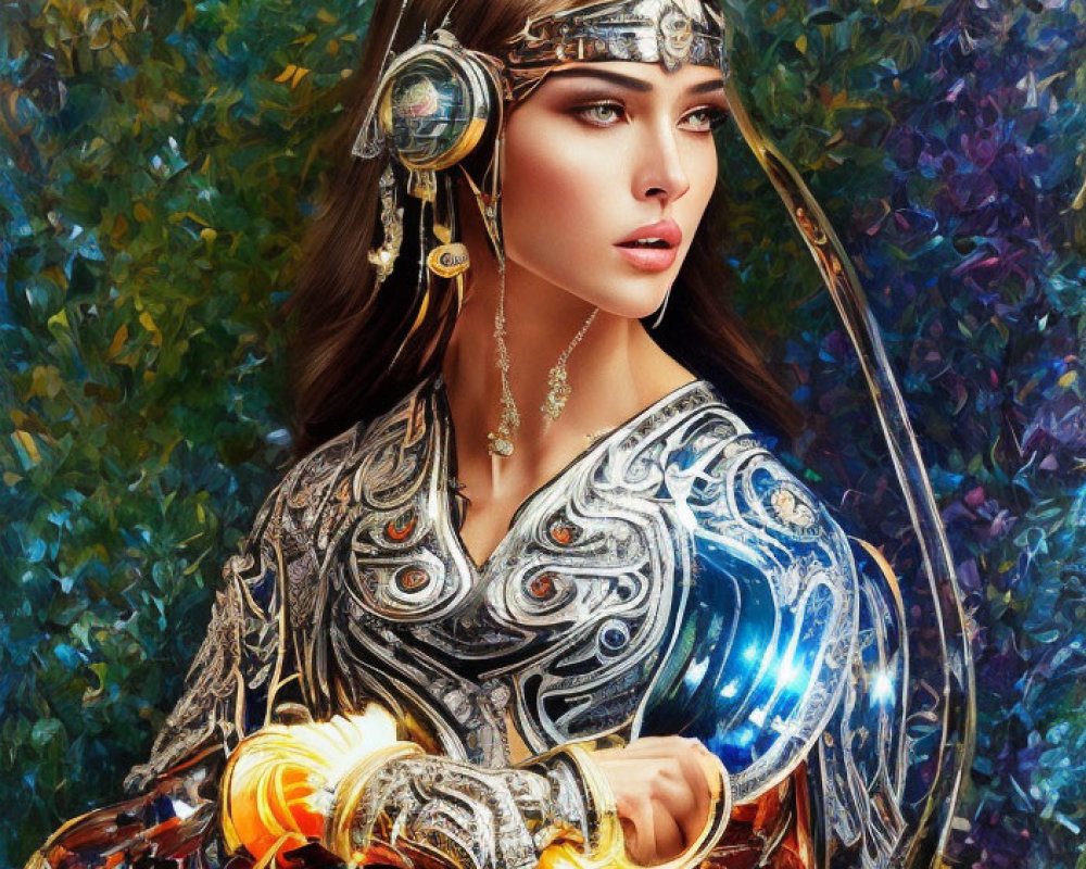 Illustrated female character in metallic armor on abstract background