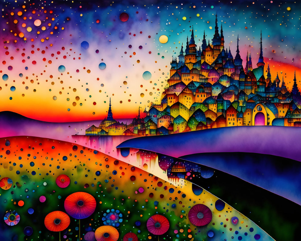 Colorful Fantastical Cityscape Painting with Starry Sky and Patterned Hills