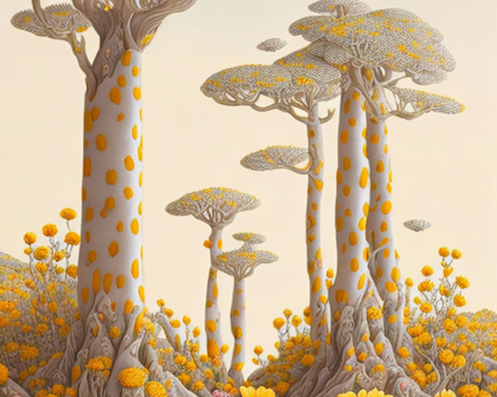 Colorful forest scene with yellow polka-dotted trees and oversized flowers