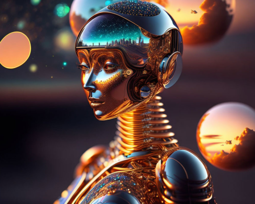 Detailed Futuristic Female Robot Reflecting Cosmic Landscape on Orange Background