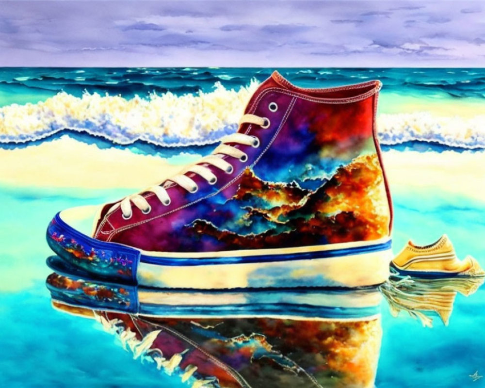 Vibrant high-top sneaker with cosmic and oceanic design and seashell reflection