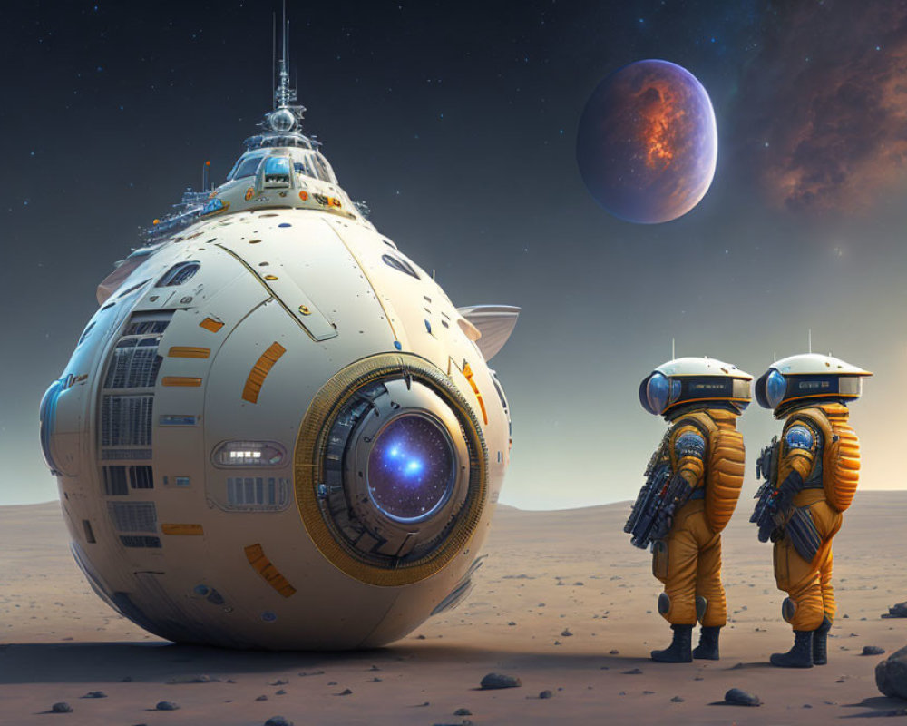 Astronauts in orange suits on alien planet with spherical spaceship