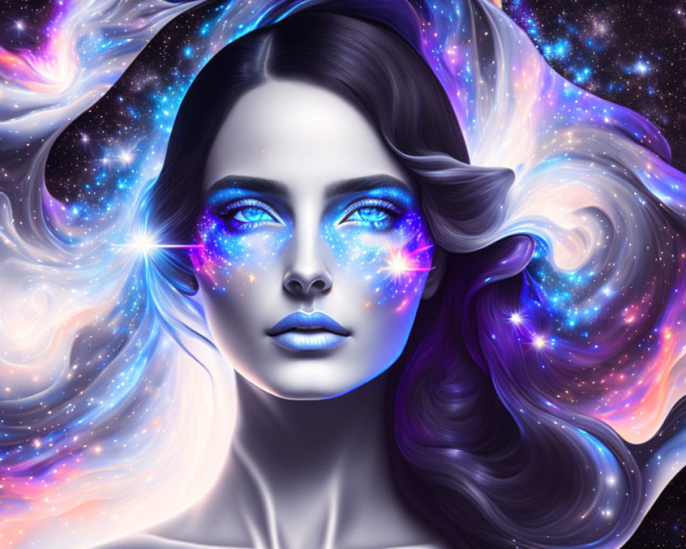 Digital Artwork: Woman's Face with Cosmic Features in Starry Nebula