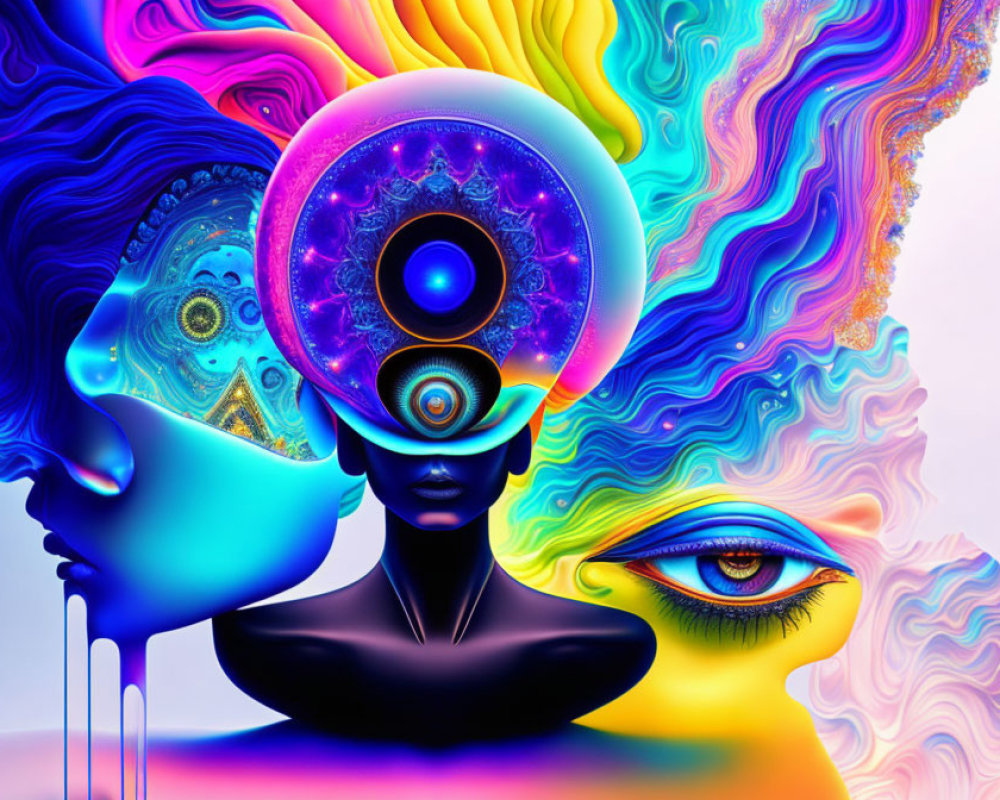 Abstract digital artwork: Colorful faces and psychedelic patterns