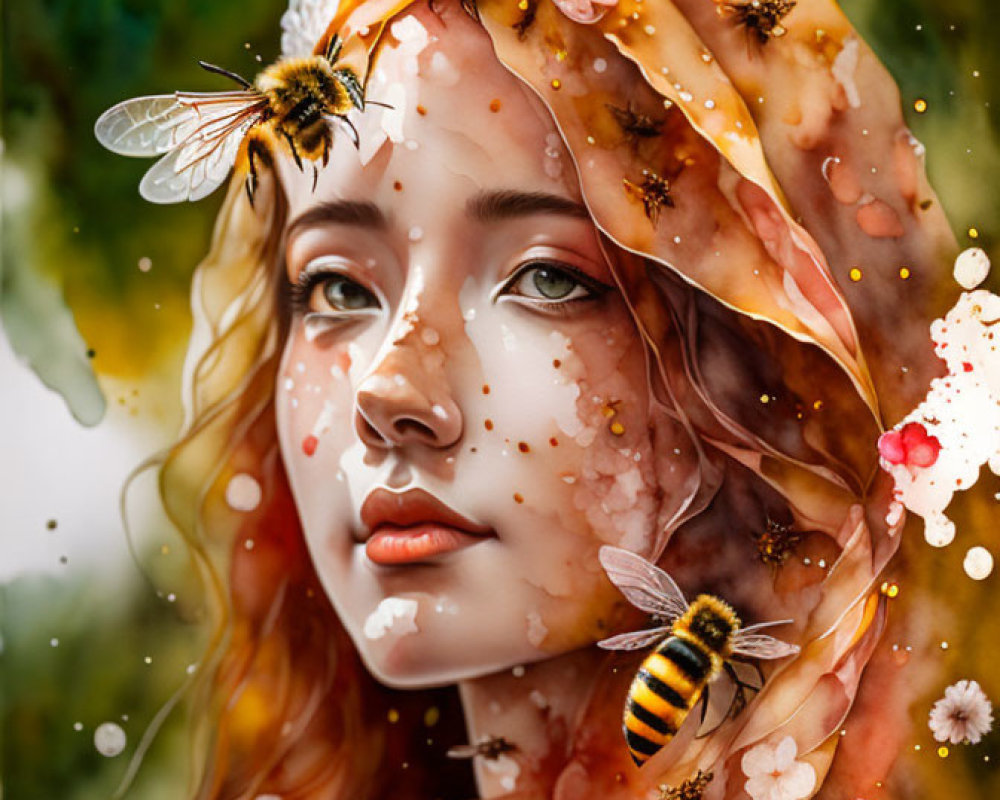 Vibrant digital artwork of woman with bees and flowers in nature theme