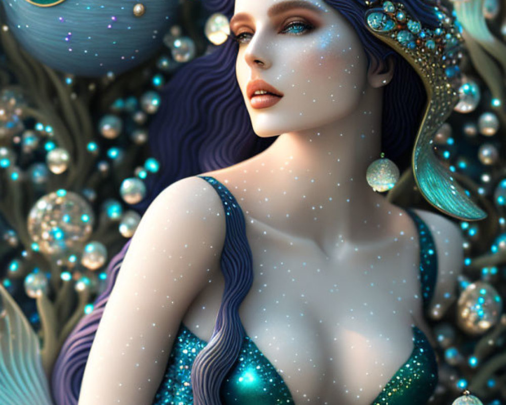 Woman adorned with galaxy theme and celestial bodies on planetary background