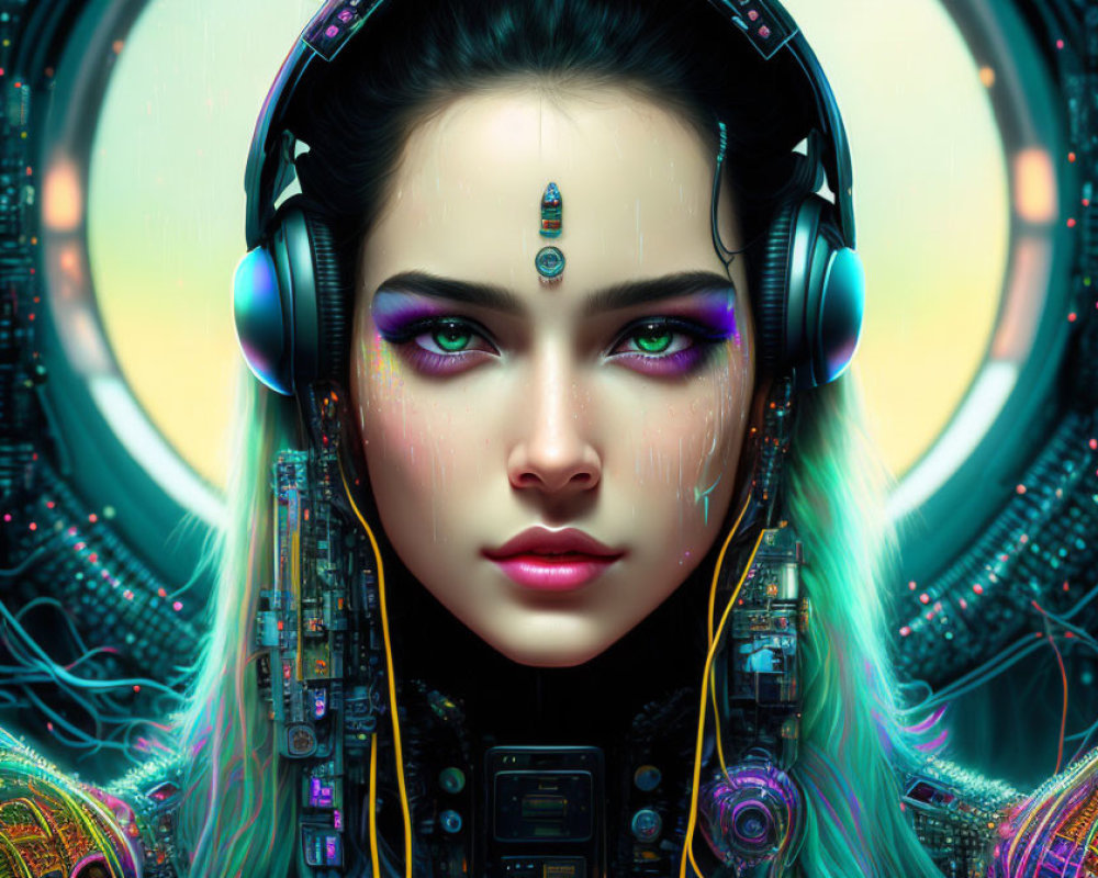 Digital artwork: Female figure with cybernetic enhancements and purple eye makeup in futuristic setting
