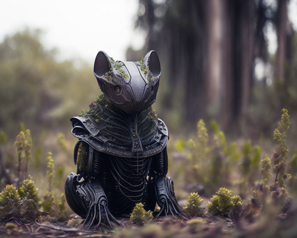 Black stylized animal figurine with intricate patterns in foliage setting.