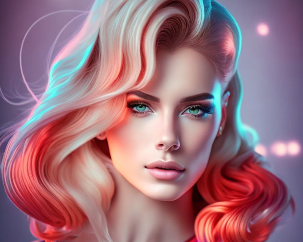 Digital portrait: Woman with platinum blonde to rose ombre hair, green eyes, neon-light ambiance