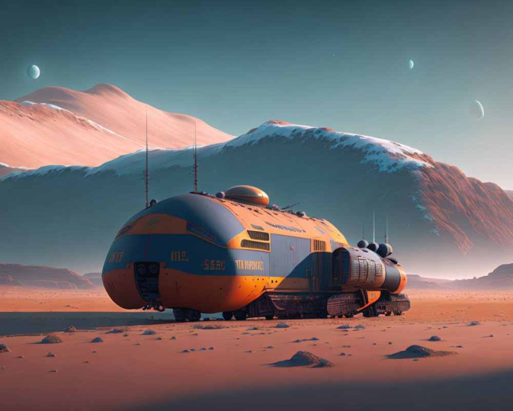 Futuristic orange spacecraft on barren, mountainous landscape