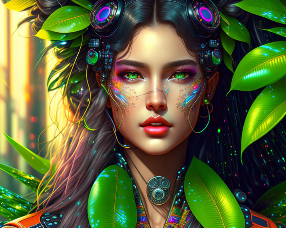 Digital portrait of woman with futuristic headphones and green leaves, featuring techno-natural aesthetic