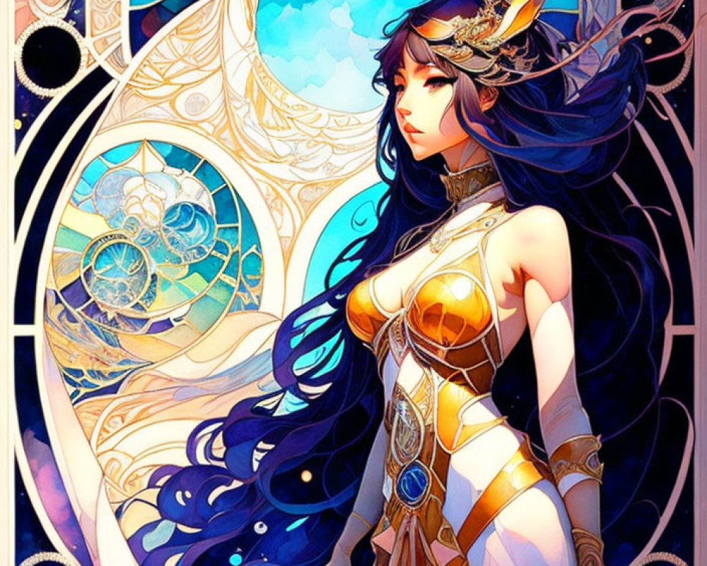Elaborate Gold Adorned Female Figure in Mystical Blue and White Setting