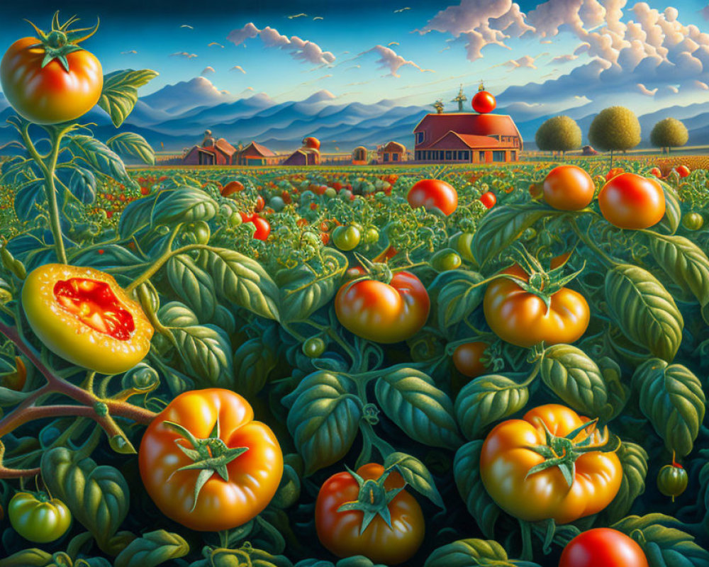 Colorful painting of ripe tomatoes in lush field with red-roofed farm and mountains