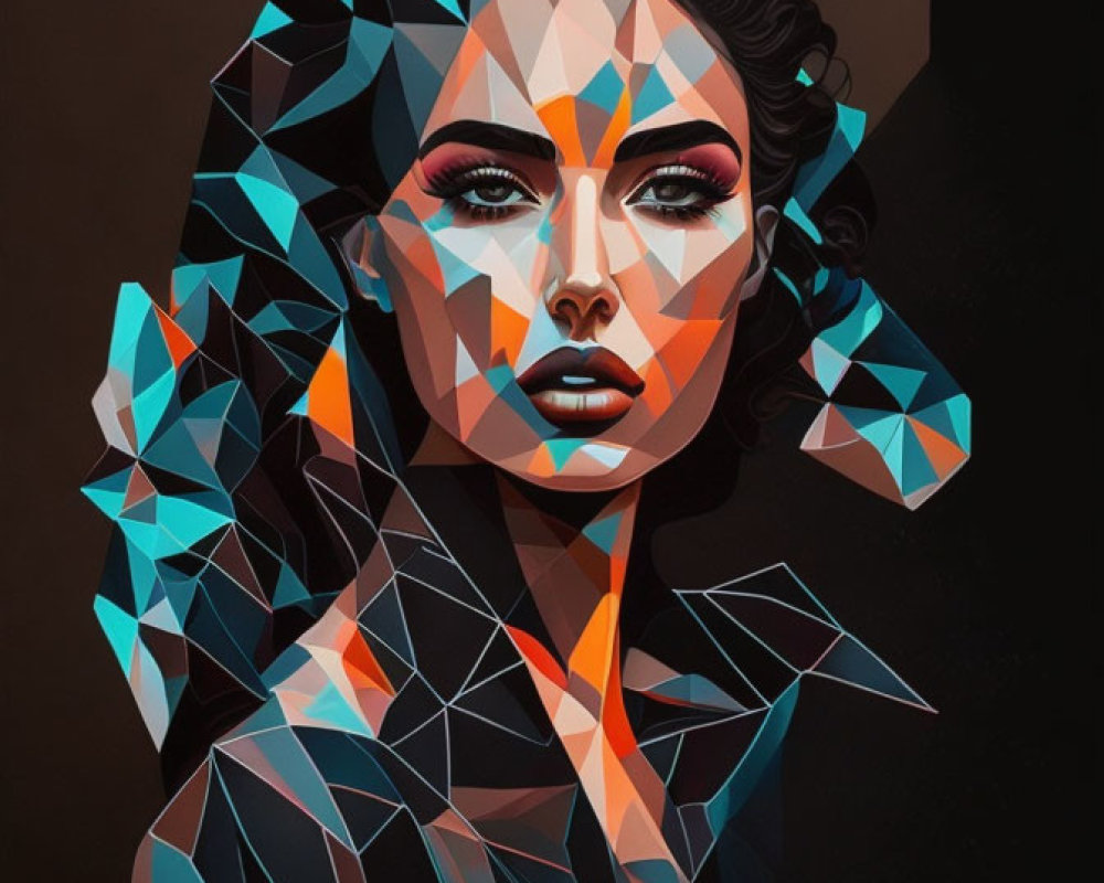 Geometric patterned dark portrait with orange highlights